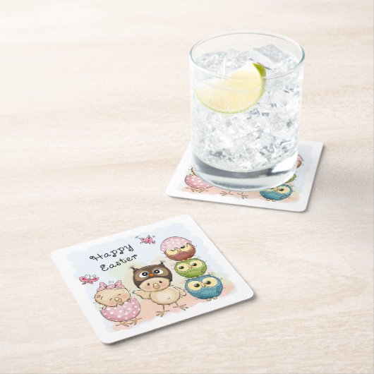 ハッピーイースターかわいいフクロウチックス |休日 スクエアペーパーコースター (インサイチュ)