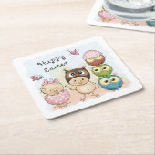 ハッピーイースターかわいいフクロウチックス |休日 スクエアペーパーコースター (アングル)