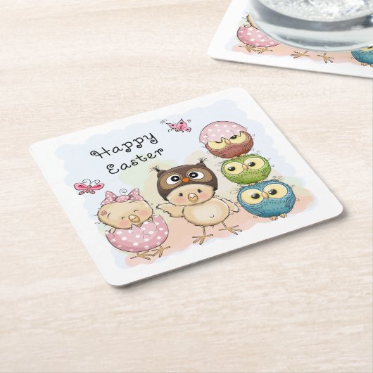 ハッピーイースターかわいいフクロウチックス |休日 スクエアペーパーコースター (アングル)