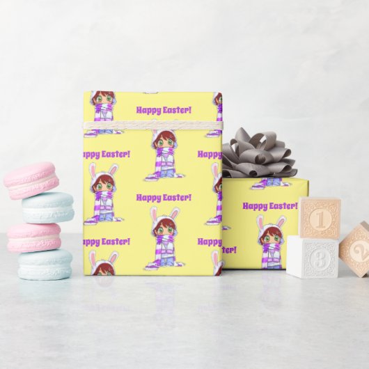 ハッピーイースターかわいいマンガバニーガールマンガ ラッピングペーパー (ベビーシャワー)