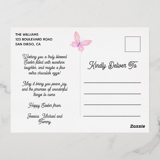 ハッピーイースターかわいいラビットブーケ春の花 箔シーズンポストカード (裏面)