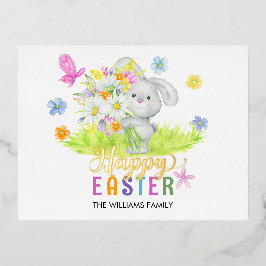 ハッピーイースターかわいいラビットブーケ春の花 箔シーズンポストカード