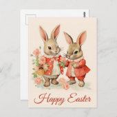 ハッピーイースターかわいいヴィンテージバニーラビット ポストカード (正面/裏面)