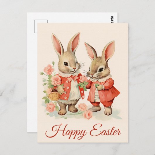 ハッピーイースターかわいいヴィンテージバニーラビット ポストカード (正面/裏面)