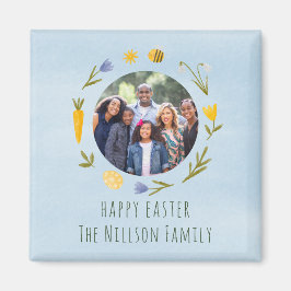 ハッピーイースターかわいい水色ファミリーフォトマグネット マグネット