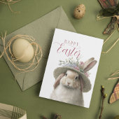 ハッピーイースターかわいい水色フローラバニーラビット カード
