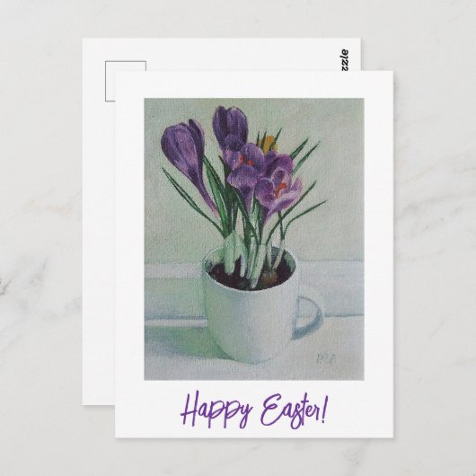 ハッピーイースターかわいらしパープルクロカスフローラ素晴らしアート ポストカード (正面/裏面)