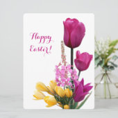 ハッピーイースターかわいらしピンクチューリップ黄色クロッカスおもしろい シーズンカード (スタンド正面)