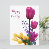 ハッピーイースターかわいらしピンクチューリップ黄色クロッカス シーズンカード (スタンド正面)
