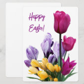 ハッピーイースターかわいらしピンクチューリップ黄色フローラ愛 シーズンカード (正面/裏面)