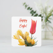 ハッピーイースターかわいらし黄色クロッカス赤チューリップフローラ カード (スタンド正面)