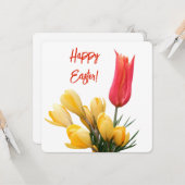ハッピーイースターかわいらし黄色クロッカス赤チューリップフローラ カード (正面/裏面インサイチュ)