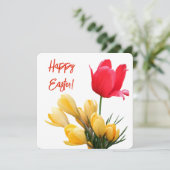 ハッピーイースターかわいらし黄色クロッカス赤チューリップ愛 シーズンカード (スタンド正面)