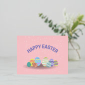 ハッピーイースターとカラフル卵ピンク 箔シーズンポストカード (立ち正面)