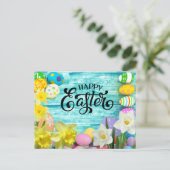 ハッピーイースターと卵、バニーに花が咲く ポストカード (スタンド正面)