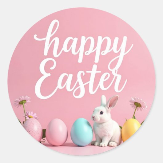 ハッピーイースターに卵とバニーを付けたステッカー ラウンドシール (正面)