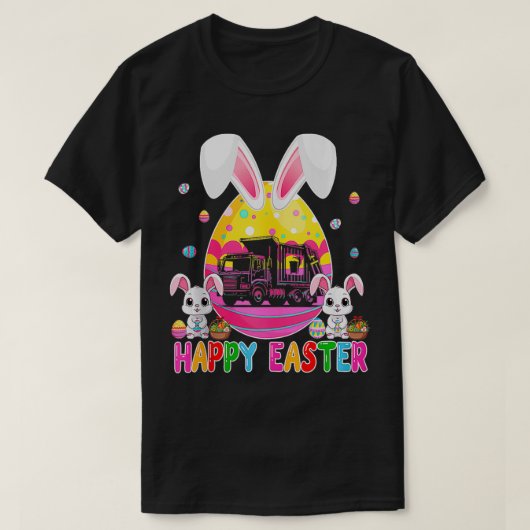 ハッピーイースターのガベージトラック内バニーチョコレート Tシャツ (デザイン正面)