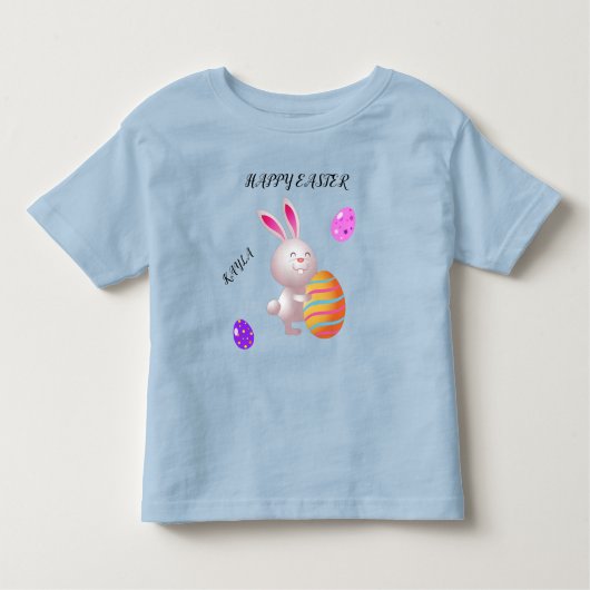 ハッピーイースターのストライプのうさぎと卵の幼児のtシャツ。 トドラーTシャツ (正面)
