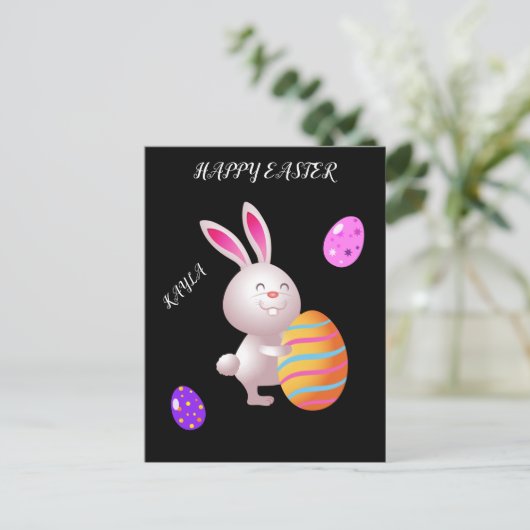 ハッピーイースターのストライプのうさぎ&卵はがき。 ポストカード (スタンド正面)