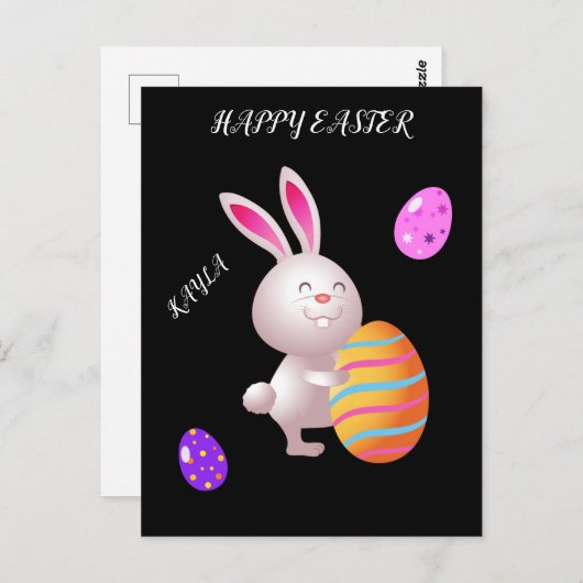 ハッピーイースターのストライプのうさぎ&卵はがき。 ポストカード (正面/裏面)