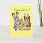 ハッピーイースターのバニーおよびフクロウの絵画の卵 シーズンカード (正面)