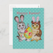 ハッピーイースターのバニーおよびフクロウの絵画の卵 シーズンポストカード (正面/裏面)