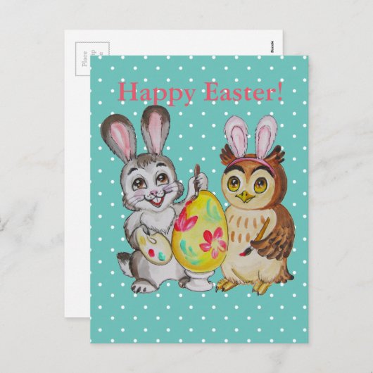 ハッピーイースターのバニーおよびフクロウの絵画の卵 シーズンポストカード (正面/裏面)