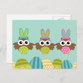 ハッピーイースターのバニーのフクロウ シーズンポストカード (正面/裏面)