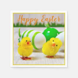 ハッピーイースターのヒナで卵の黄色の緑のオレンジ スタンダードカクテルナプキン