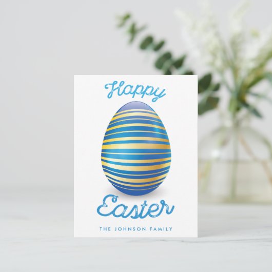 ハッピーイースターのポストカードと青い復活祭の卵 シーズンポストカード (スタンド正面)
