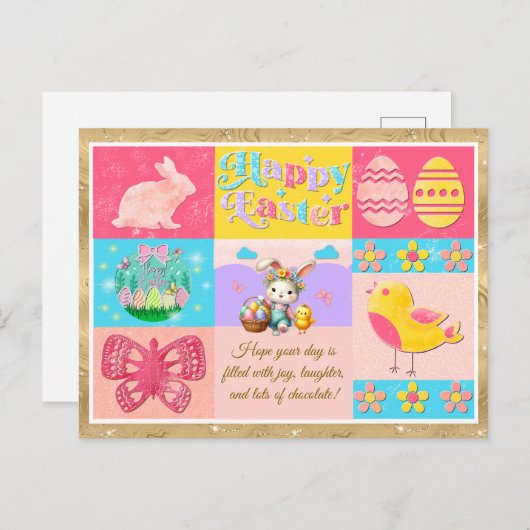 ハッピーイースターの喜びバニー、シック、卵&花 シーズンポストカード (正面/裏面)