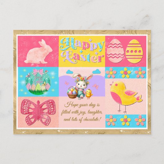 ハッピーイースターの喜びバニー、シック、卵&花 ポストカード (正面)