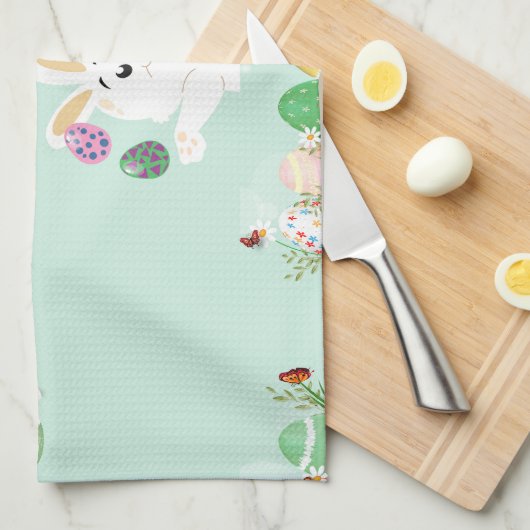 ハッピーイースターの日 – おもしろいバニーと卵のイースター キッチンタオル (四つ折り)