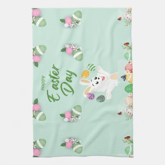 ハッピーイースターの日 – おもしろいバニーと卵のイースター キッチンタオル (縦)