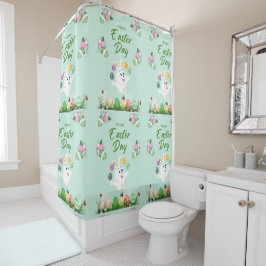 ハッピーイースターの日 – おもしろいバニーと卵のイースター シャワーカーテン
