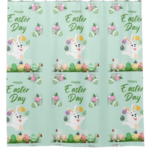 ハッピーイースターの日 – おもしろいバニーと卵のイースター シャワーカーテン (正面)