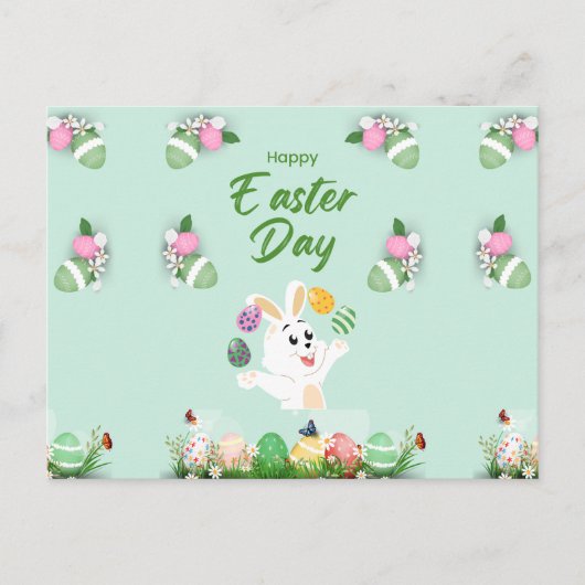 ハッピーイースターの日 – おもしろいバニーと卵のイースター シーズンポストカード (正面)