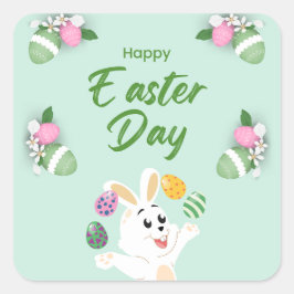 ハッピーイースターの日 – おもしろいバニーと卵のイースター スクエアシール