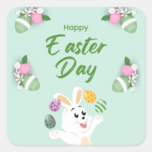 ハッピーイースターの日 – おもしろいバニーと卵のイースター スクエアシール (正面)