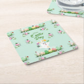 ハッピーイースターの日 – おもしろいバニーと卵のイースター スクエアペーパーコースター (アングル)
