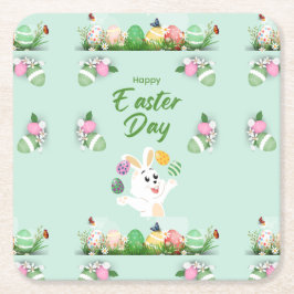 ハッピーイースターの日 – おもしろいバニーと卵のイースター スクエアペーパーコースター