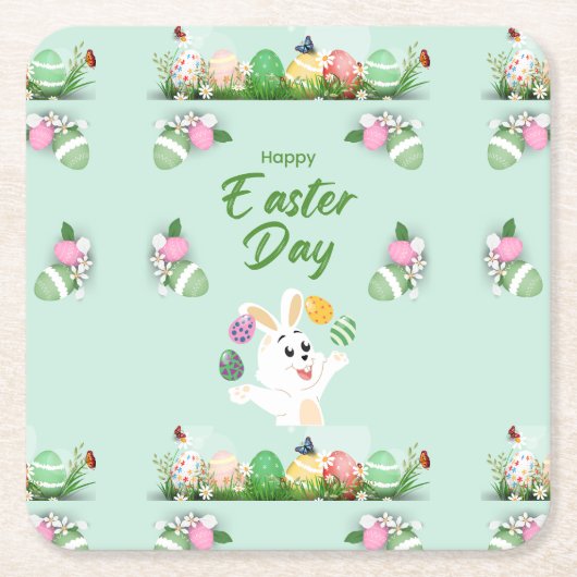 ハッピーイースターの日 – おもしろいバニーと卵のイースター スクエアペーパーコースター (正面)
