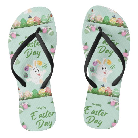ハッピーイースターの日 – おもしろいバニーと卵のイースター ビーチサンダル (ソール)