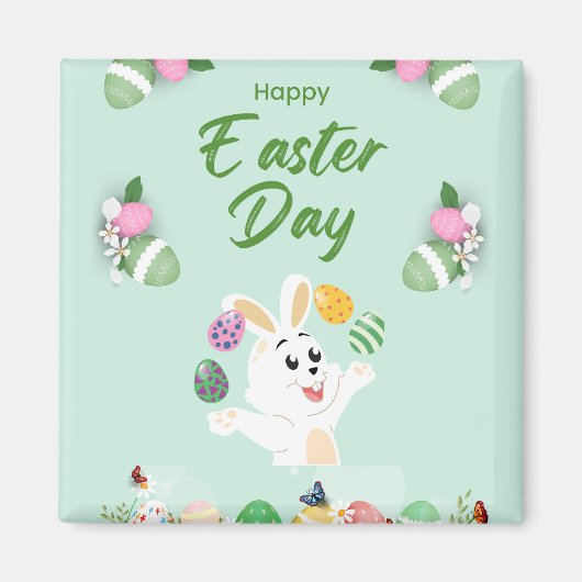 ハッピーイースターの日 – おもしろいバニーと卵のイースター マグネット (正面)