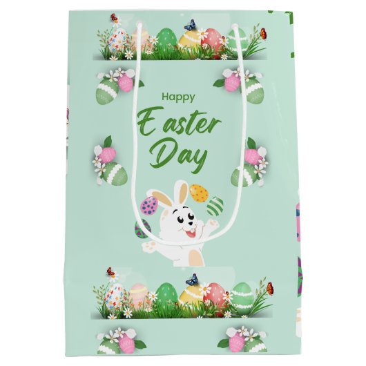 ハッピーイースターの日 – おもしろいバニーと卵のイースター ミディアムペーパーバッグ (裏面)