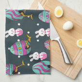 ハッピーイースターの日 – おもしろい Bunny Wishesパターン キッチンタオル (四つ折り)