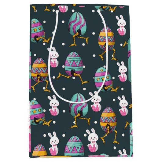 ハッピーイースターの日 – おもしろい Bunny Wishesパターン ミディアムペーパーバッグ (正面)