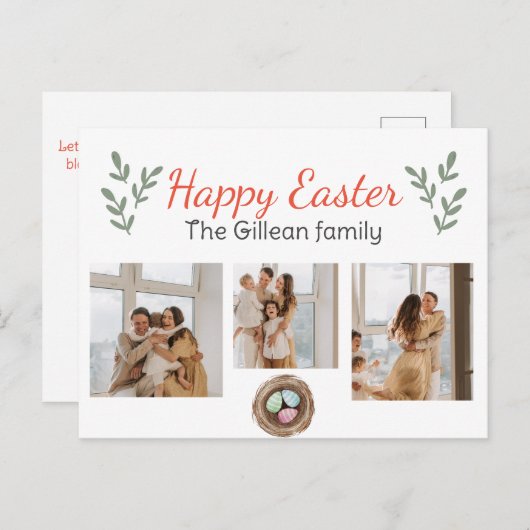 ハッピーイースターの日、家族へのハッピーイースター3写真 シーズンポストカード (正面/裏面)
