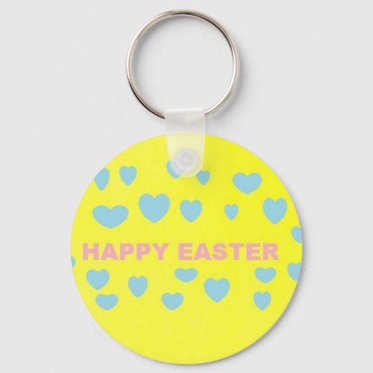 ハッピーイースターの明るい黄色の青色のハート キーホルダー (正面)