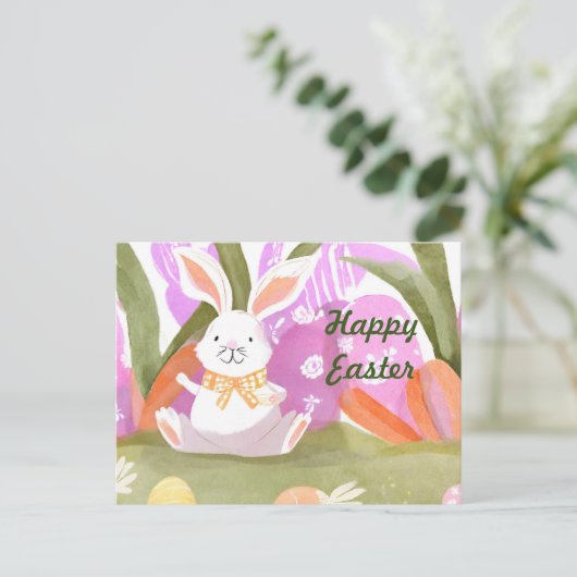 ハッピーイースターの水の色のバニーとイースターエッグ シーズンポストカード (スタンド正面)